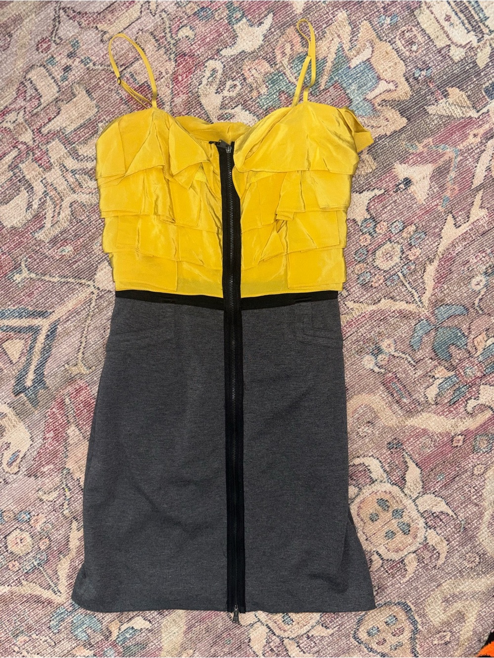 Yellow and Gray Ruffle Bust Spaghetti-Strap Dress - silky top